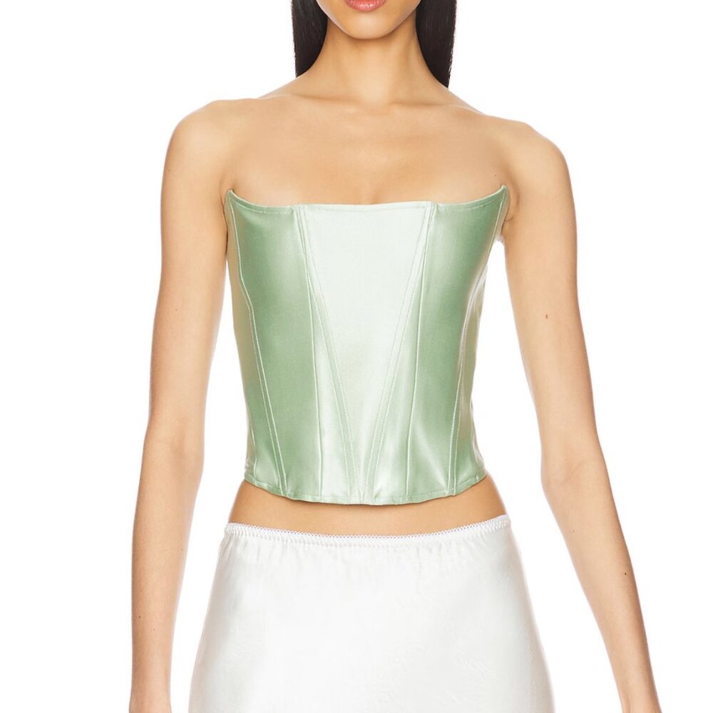 Rezek Studio Star Corset Wasabi Green Satin Strapless Crop Top